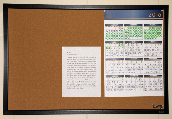 My writing calendar plus inspirational note