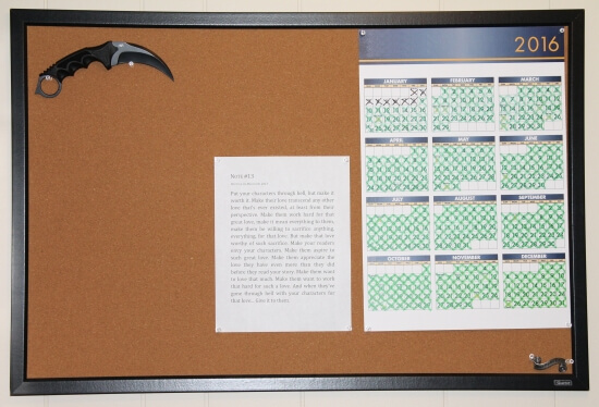 My writing calendar plus inspirational note and black karambit knife